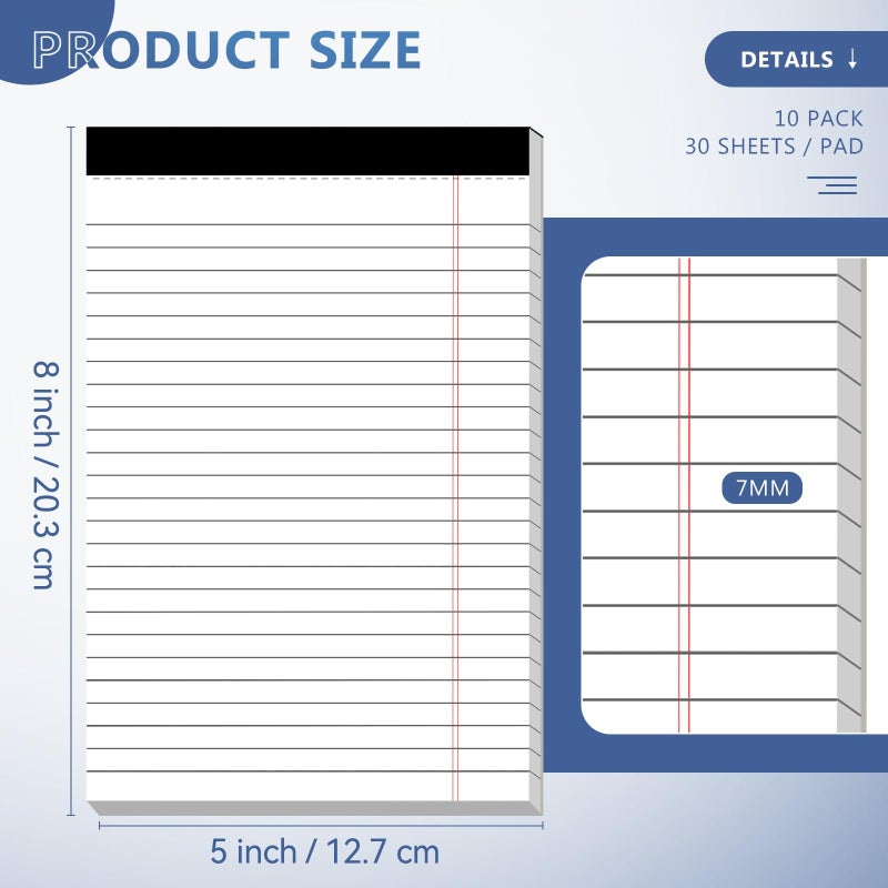 Nichela 10 Pack of Legal Pad Writing Pads 5"" x 8"" Notepad 80gsm Recycled Paper Small Legal Pads 25 Lines Note Pads Perforated Legal Pads 30 Sheets Double-Sided Printing Legal Pads for School, College, Office - Image 2